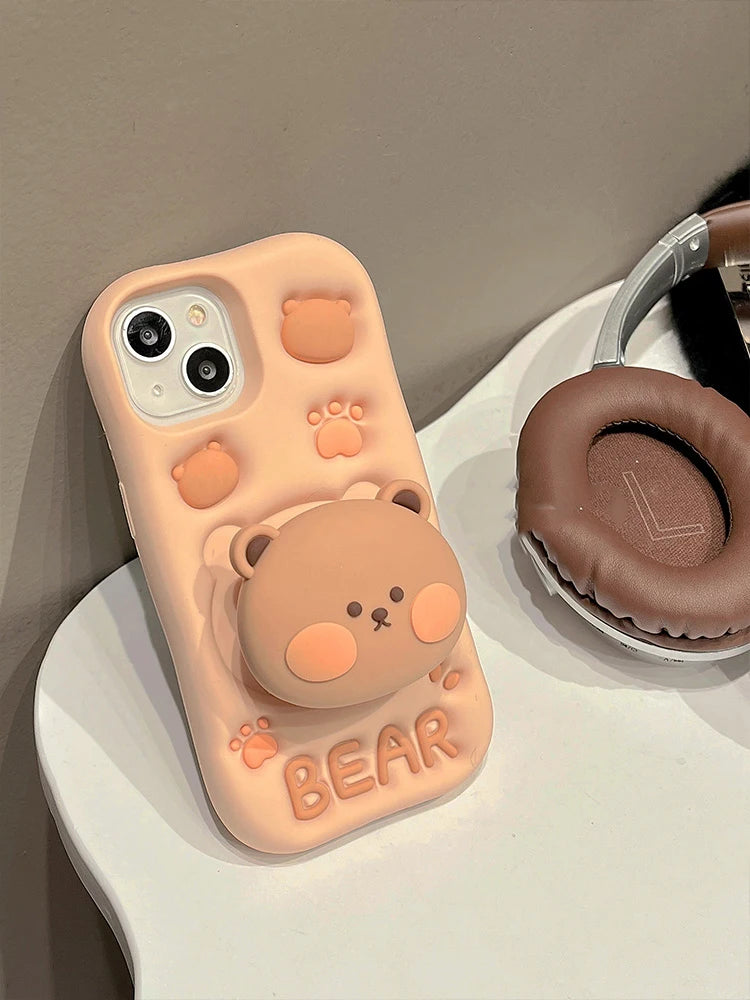 Cute Bear Hidden Holder Stand Silicone Case For iPhone