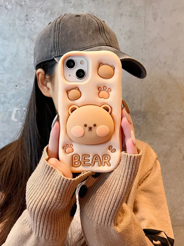 Cute Bear Hidden Holder Stand Silicone Case For iPhone